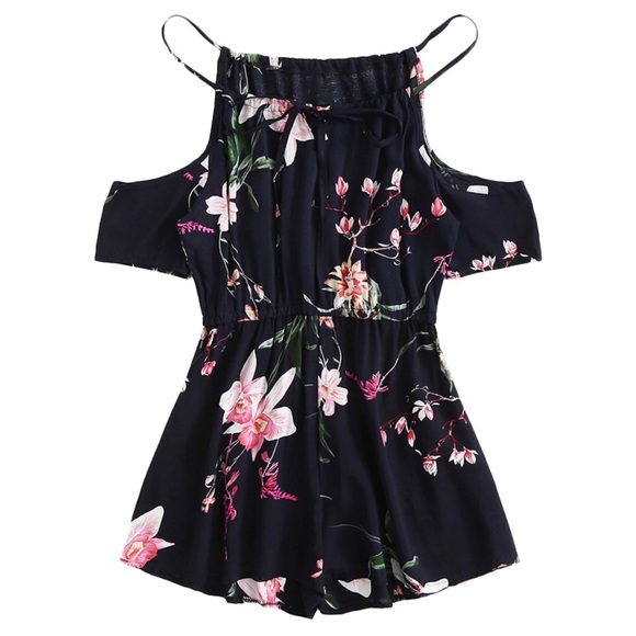 Navy Floral Off Shoulder Cami Open Back Romper - Picture 3 of 5